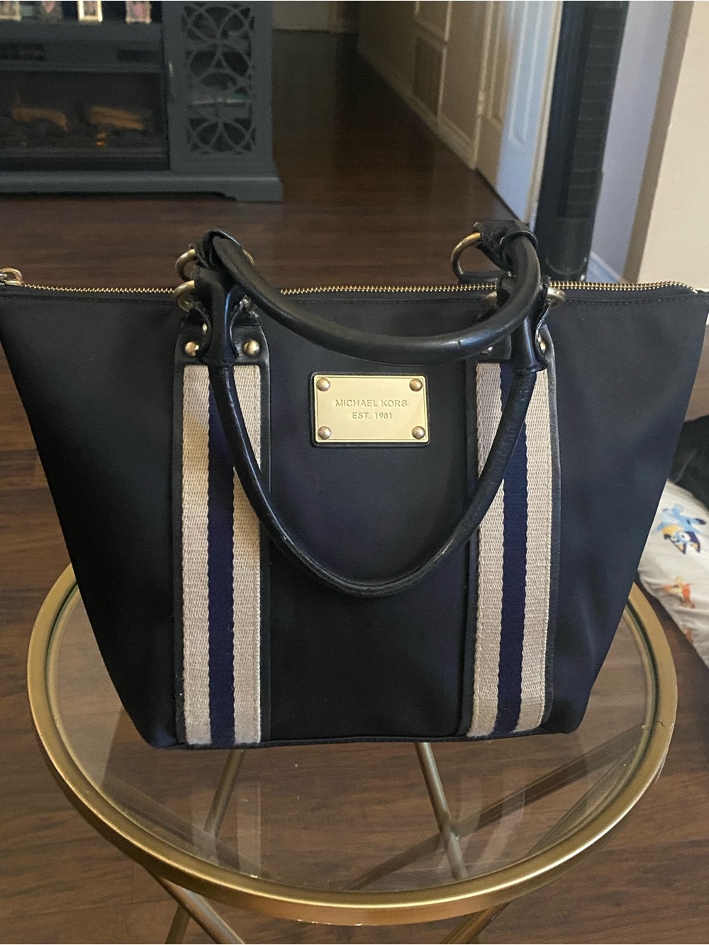 Michael Kors Black Tote with Cream and Black Striped Accents